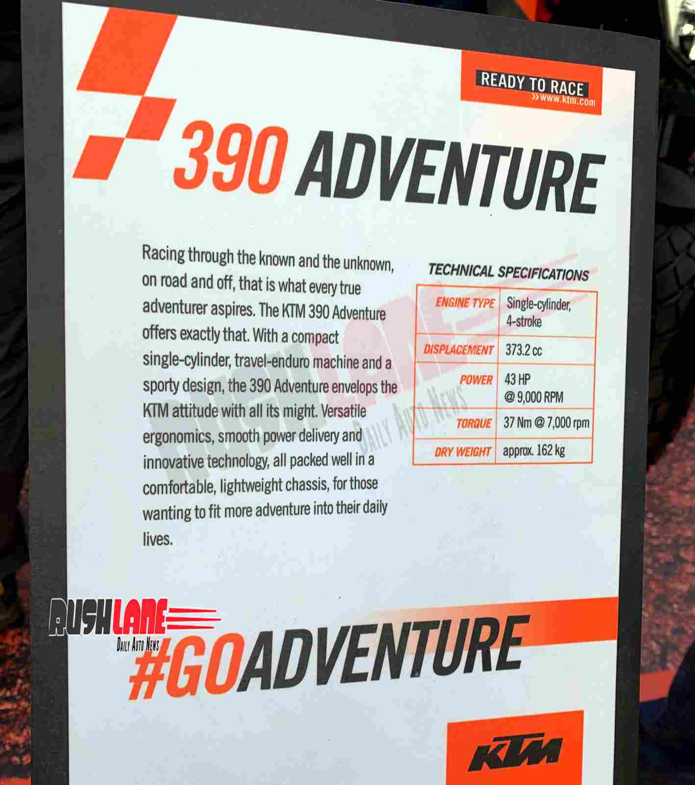 KTM 390 Adventure specs for India