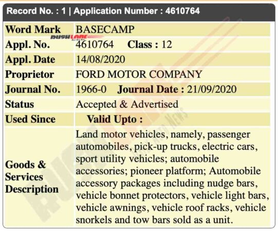 Ford Basecamp registered in India