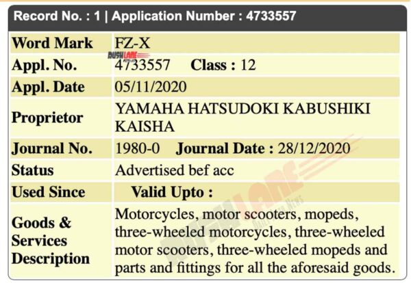 Yamaha FZ-X Name Registered In India