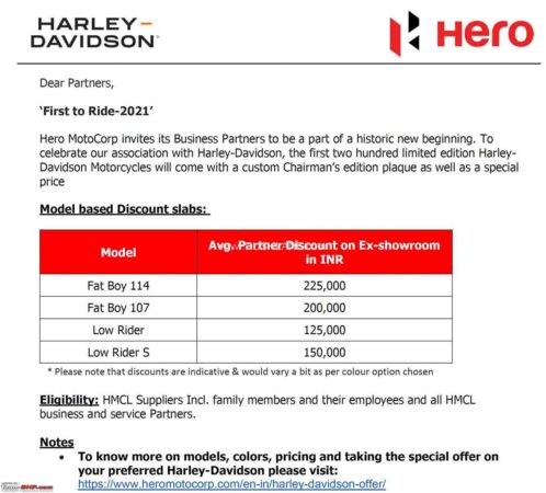 Hero MotoCorp discount offer on Harley Davidson motorcycles
