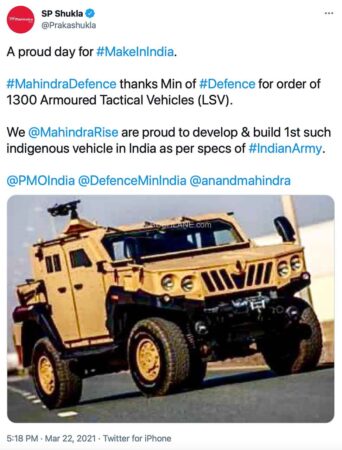 Mahindra Wins Rs 1,056 Cr Govt Order To Supply 1,300 ALSVs For Indian Army