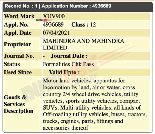 Mahindra XUV900 name registered in India