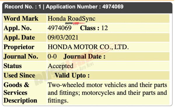 Honda RoadSync Trademark Filed In India
