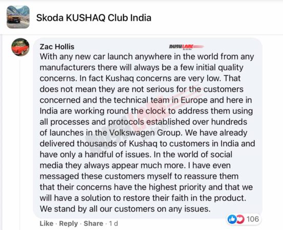 Skoda India Brand Director, Zac Hollis assures Kushaq owners