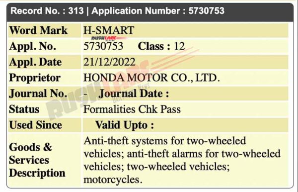 Honda H-Smart trademark filed in India