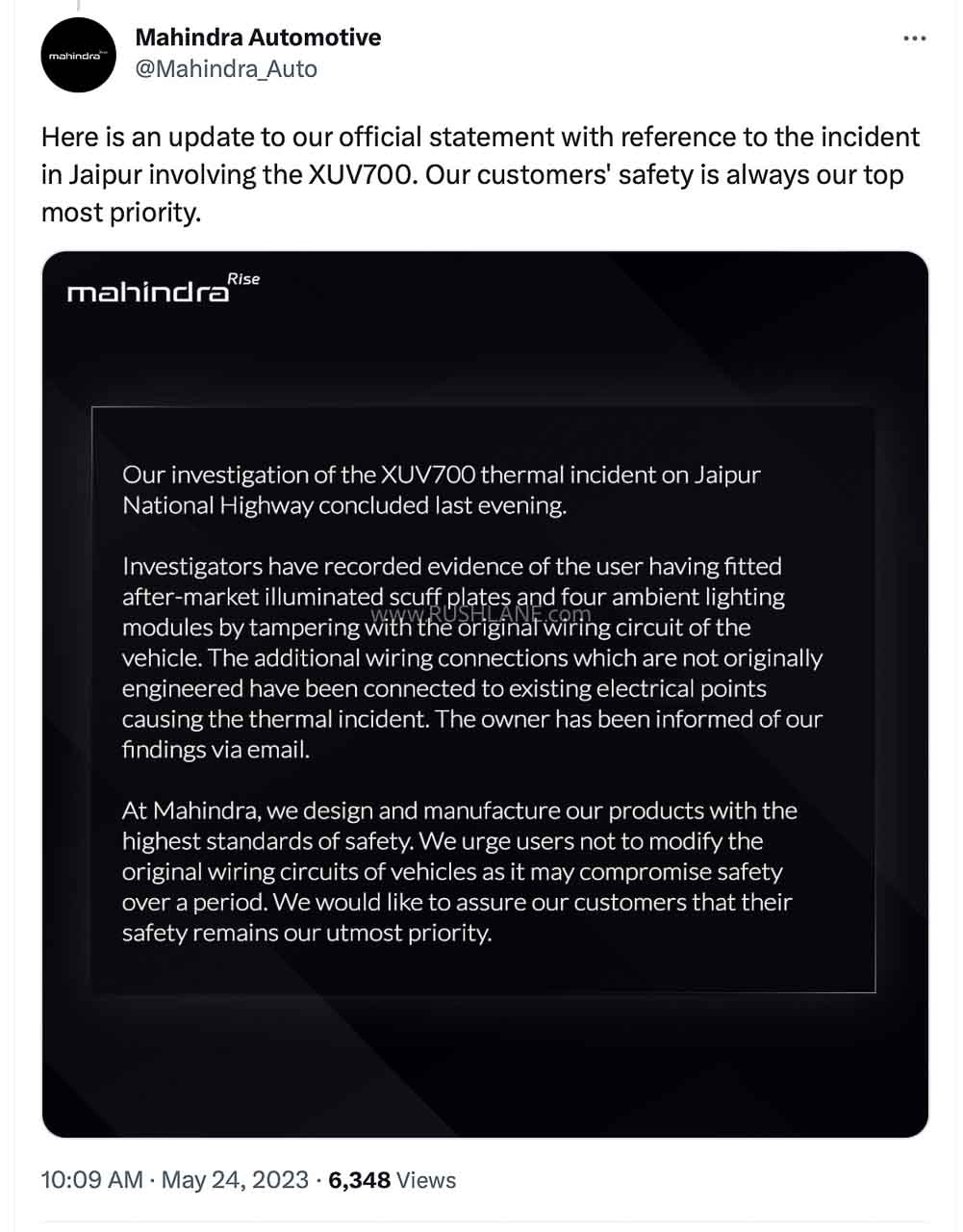 Mahindra XUV700 fire incident report