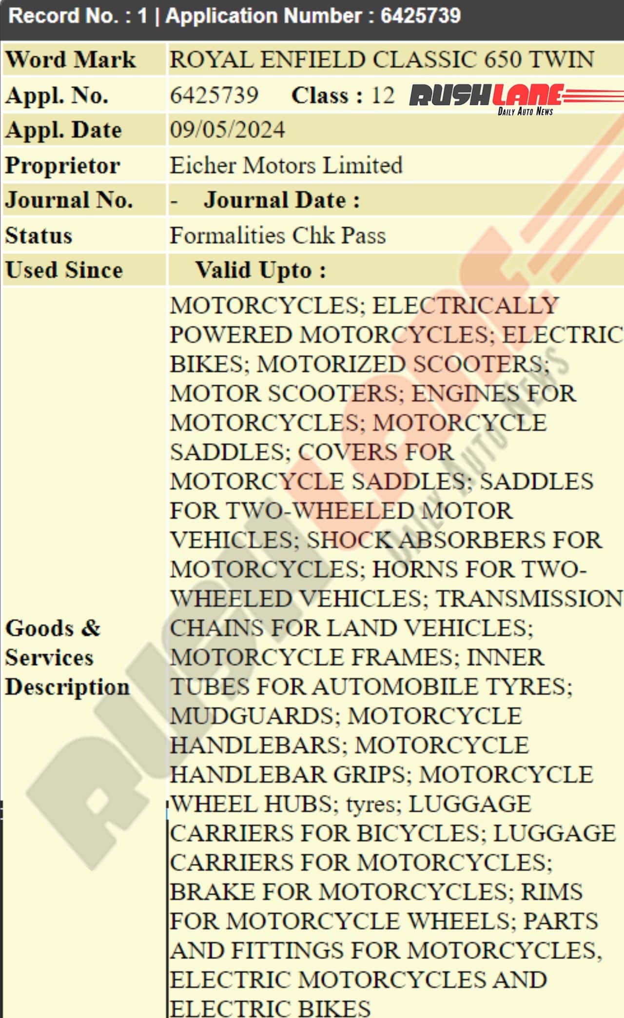 Royal Enfield Classic 650 Twin Trademark Application